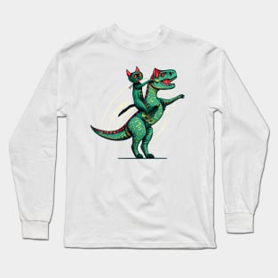 Funny Cat Riding Dinosaur T rex Long Sleeve T-Shirt